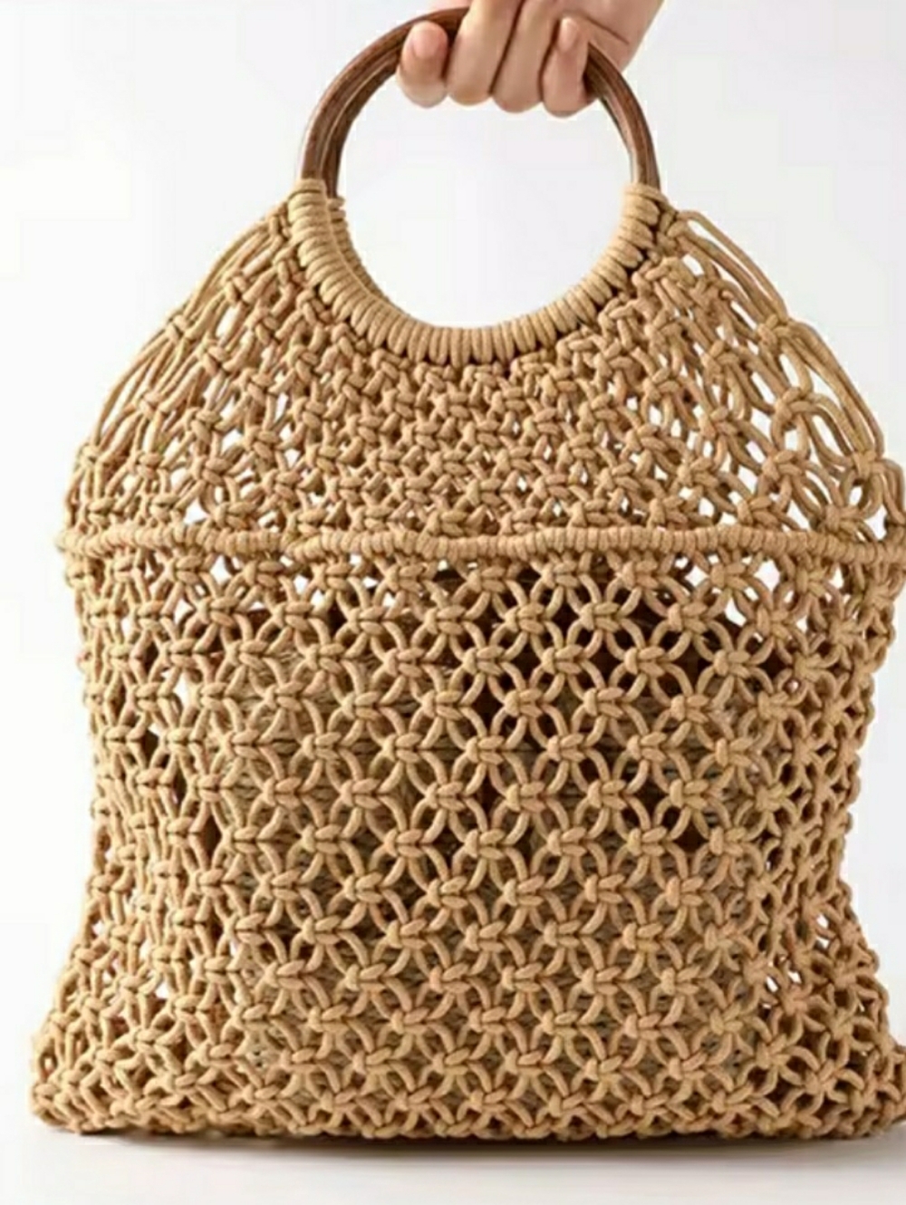 NEW w Tags Retro Rattan Khaki Macrame Handwoven Tote Bag Beach Summer Clutch